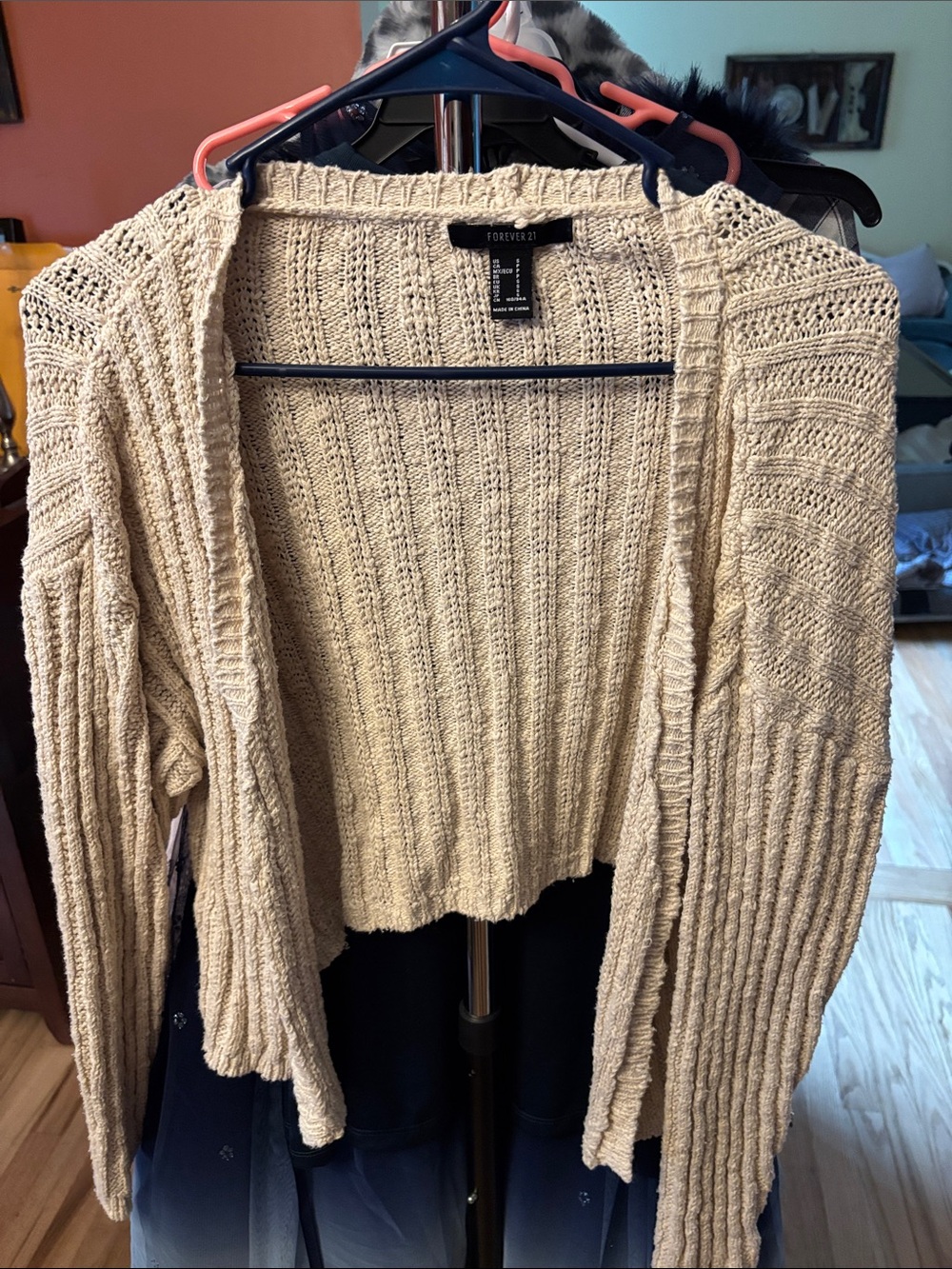 Forever 21 Beige Open-Front Ribbed Knit Cardigan
